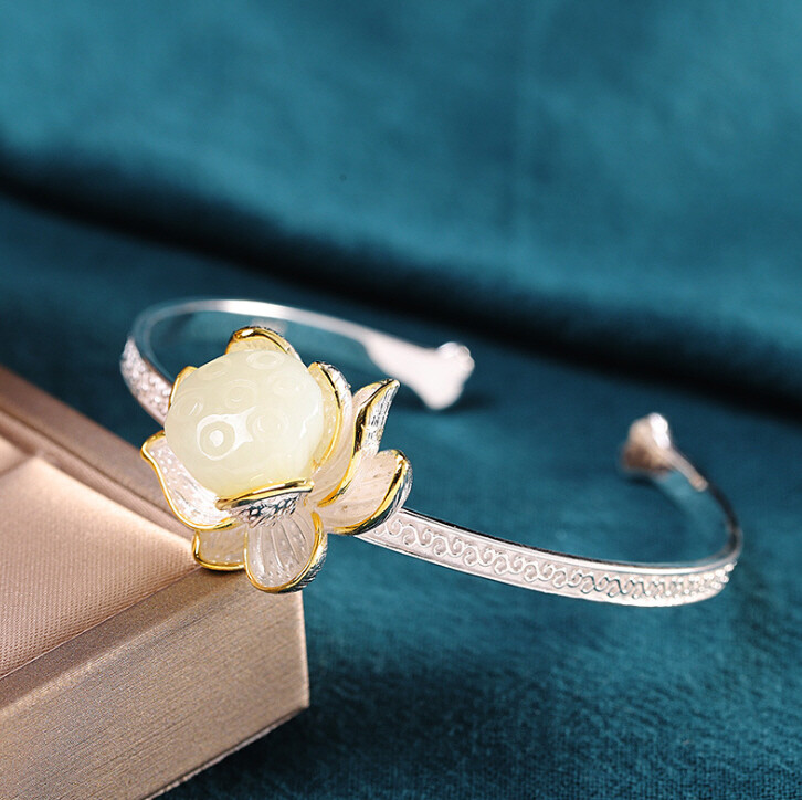 I03 Sterling Silver 925 White Jade Flower Bangle Bracelet
