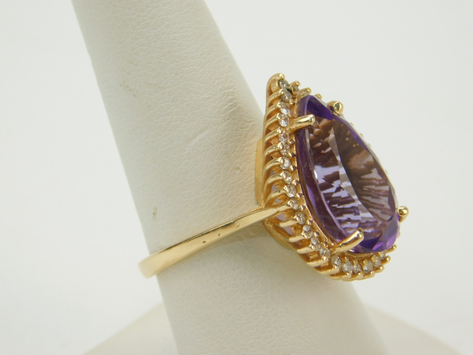 18×10.8mm Pear Cut Lab Created Amethyst Diamond Halo 14k Gold Sz 8 Cocktail Ring