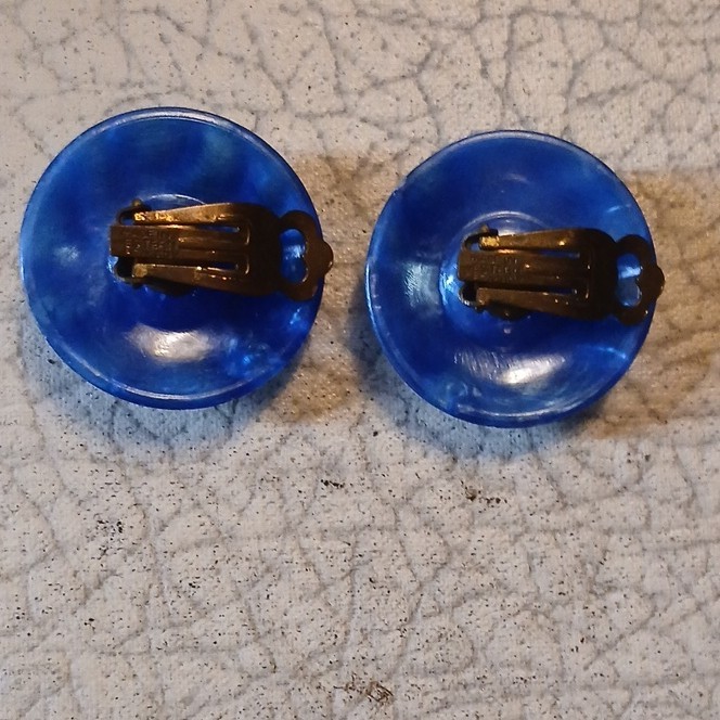 VINTAGE Clip On Earrings Signed Western Germany Round Blue Lucite Molded