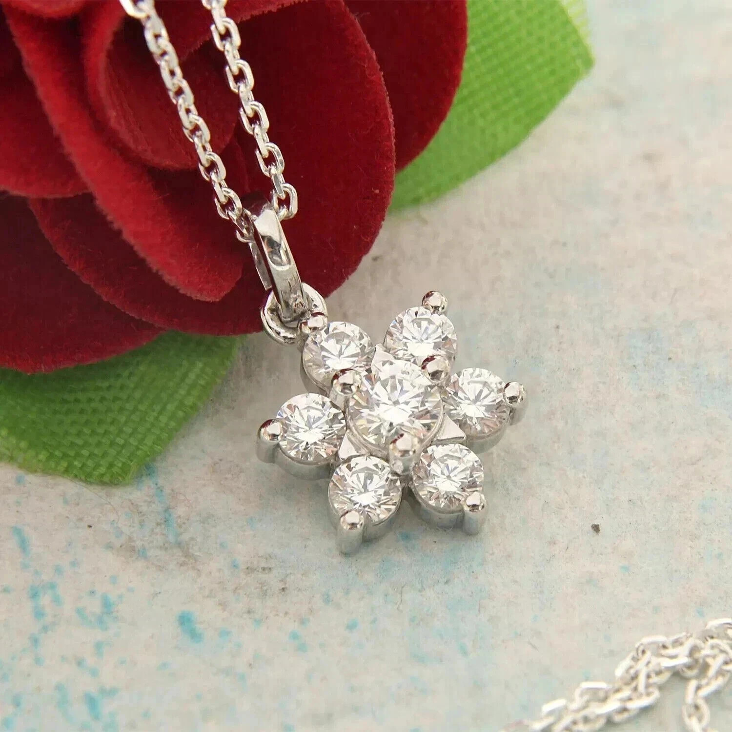 Dainty Flower Moissanite Pendant Necklace 14k White Gold Plated Gift for Women