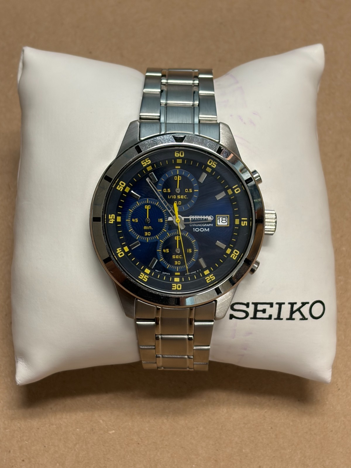 Seiko 4T57-00H0 Chronograph Quartz Blue Dial 100M Stainless Steel Watch NEW