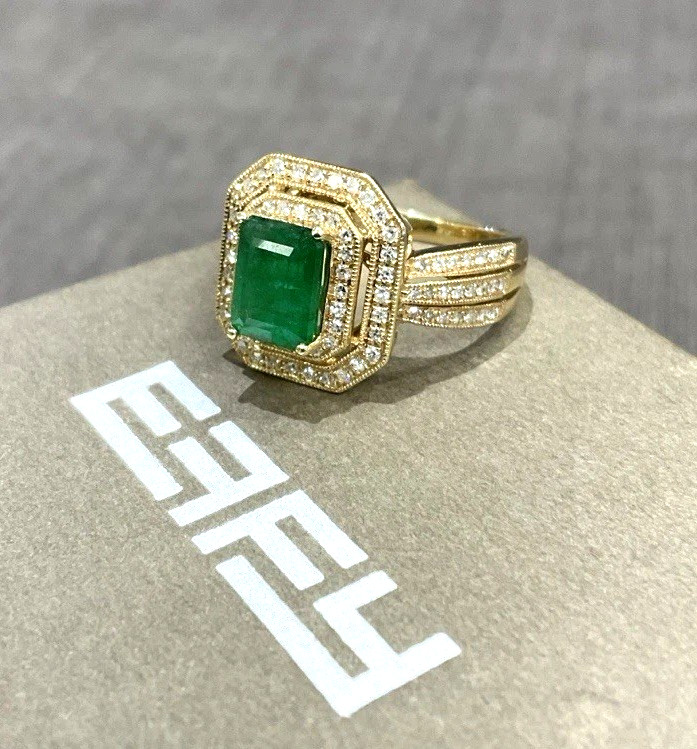 EFFY Emerald Diamond Double Halo 14k Yellow Gold Ladies Cocktail Ring