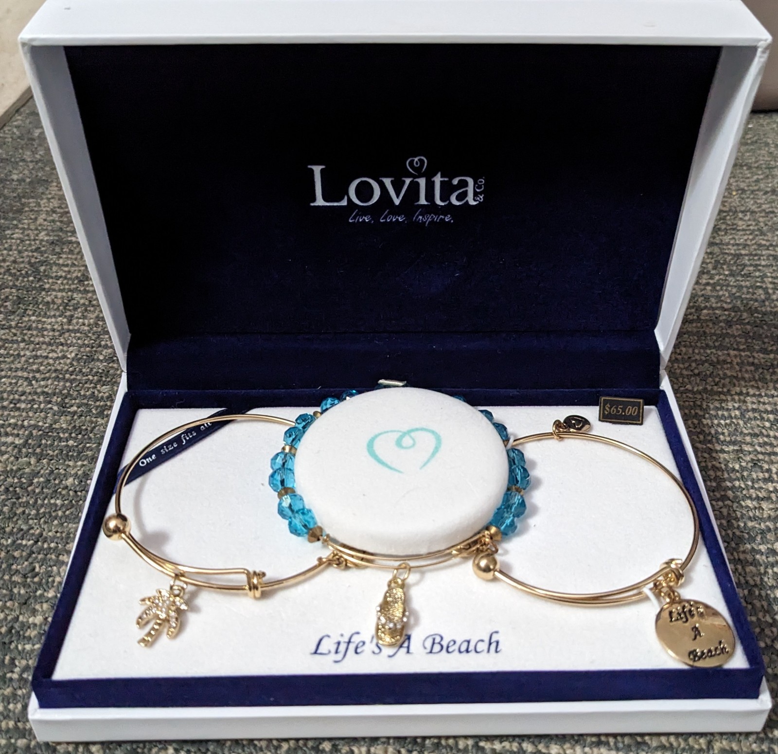 3 PC Bracelet Set Life’s A Beach New Gift Ocean Flip Flop Palm Dangle Nautical