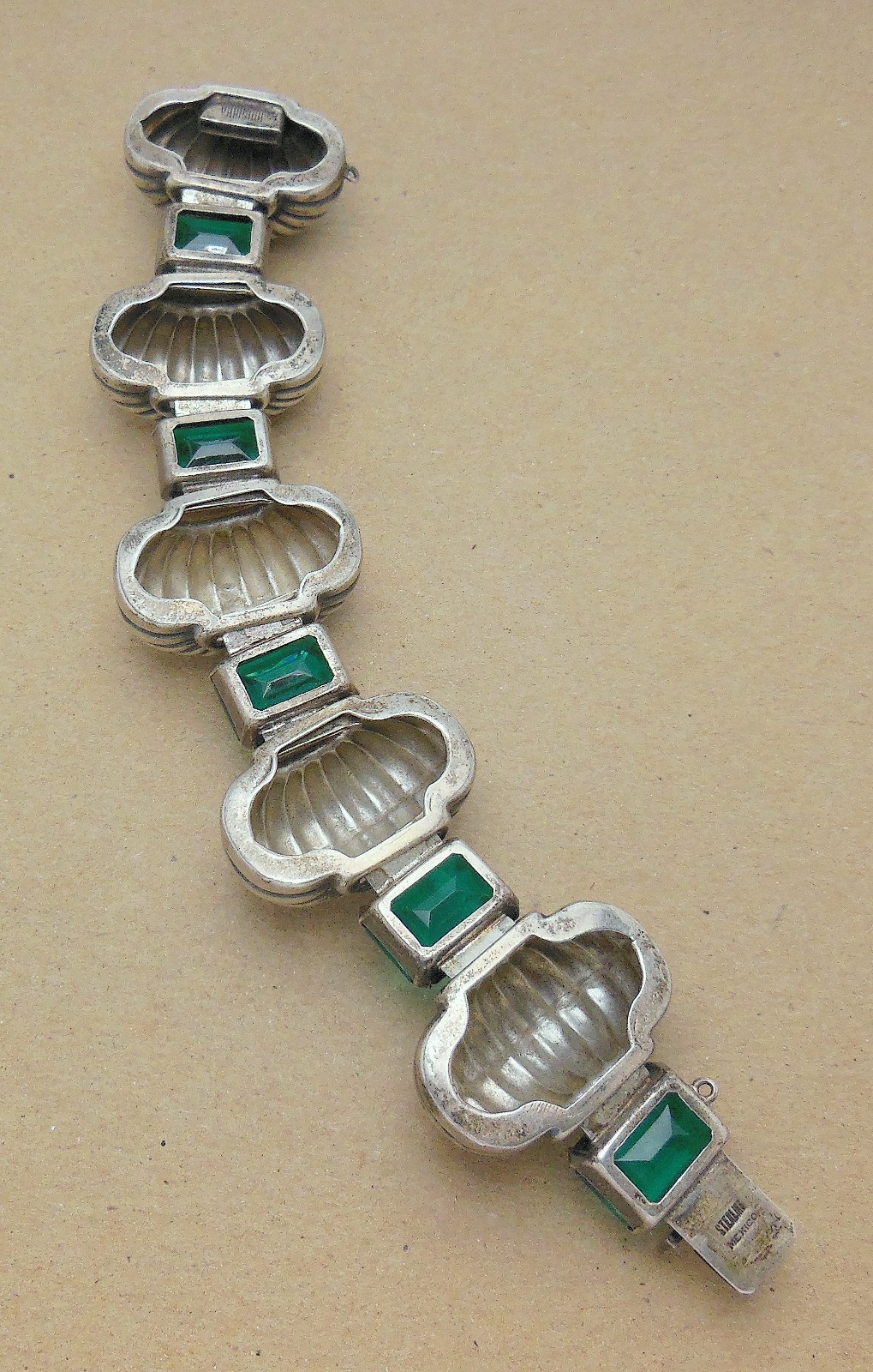 Vintage 40’s BOUCHER PARISINA Mexico Sterling Green Glass Bracelet & Earring SET
