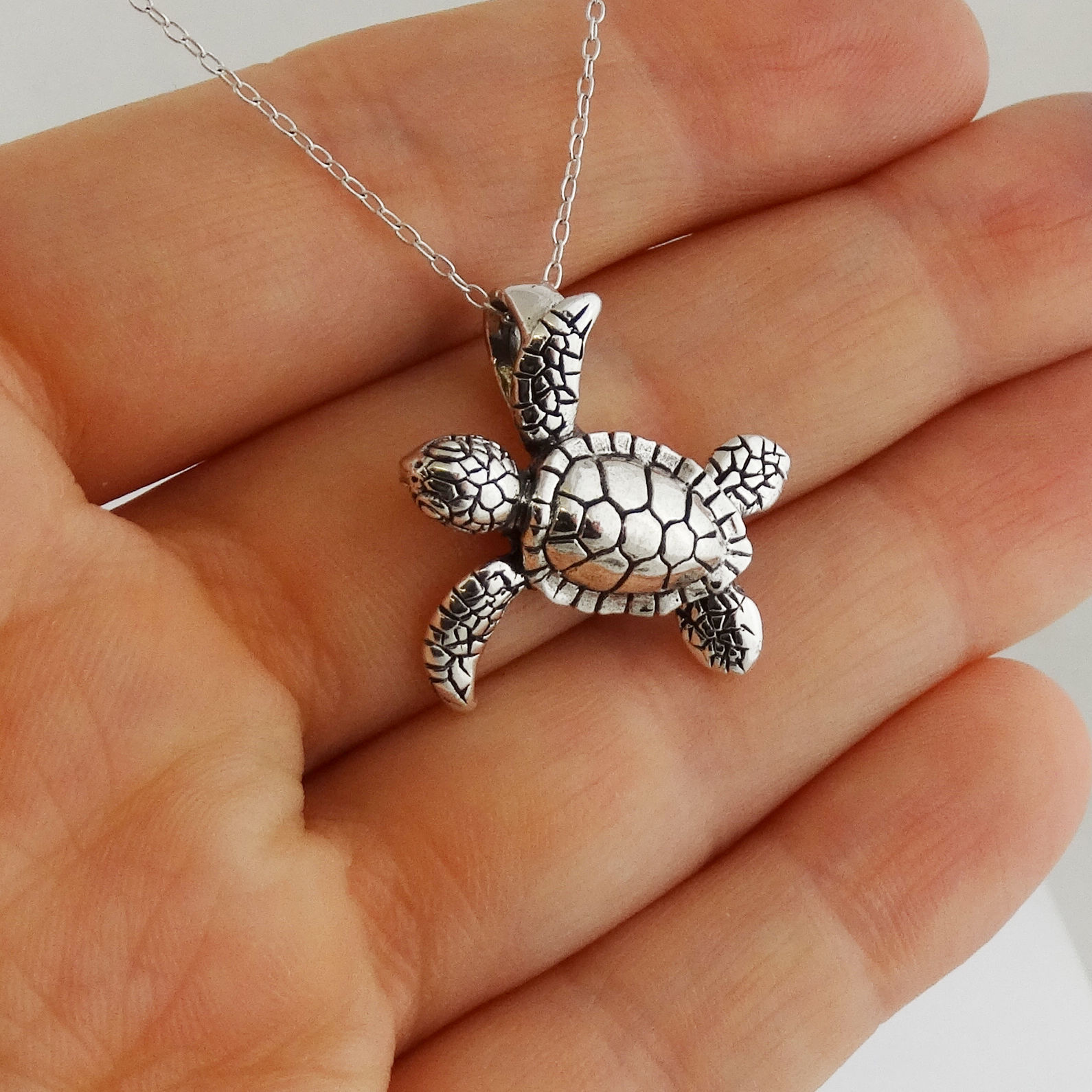 Baby Sea Turtle Necklace – 925 Sterling Silver – 3D Pendant Marine Turtles