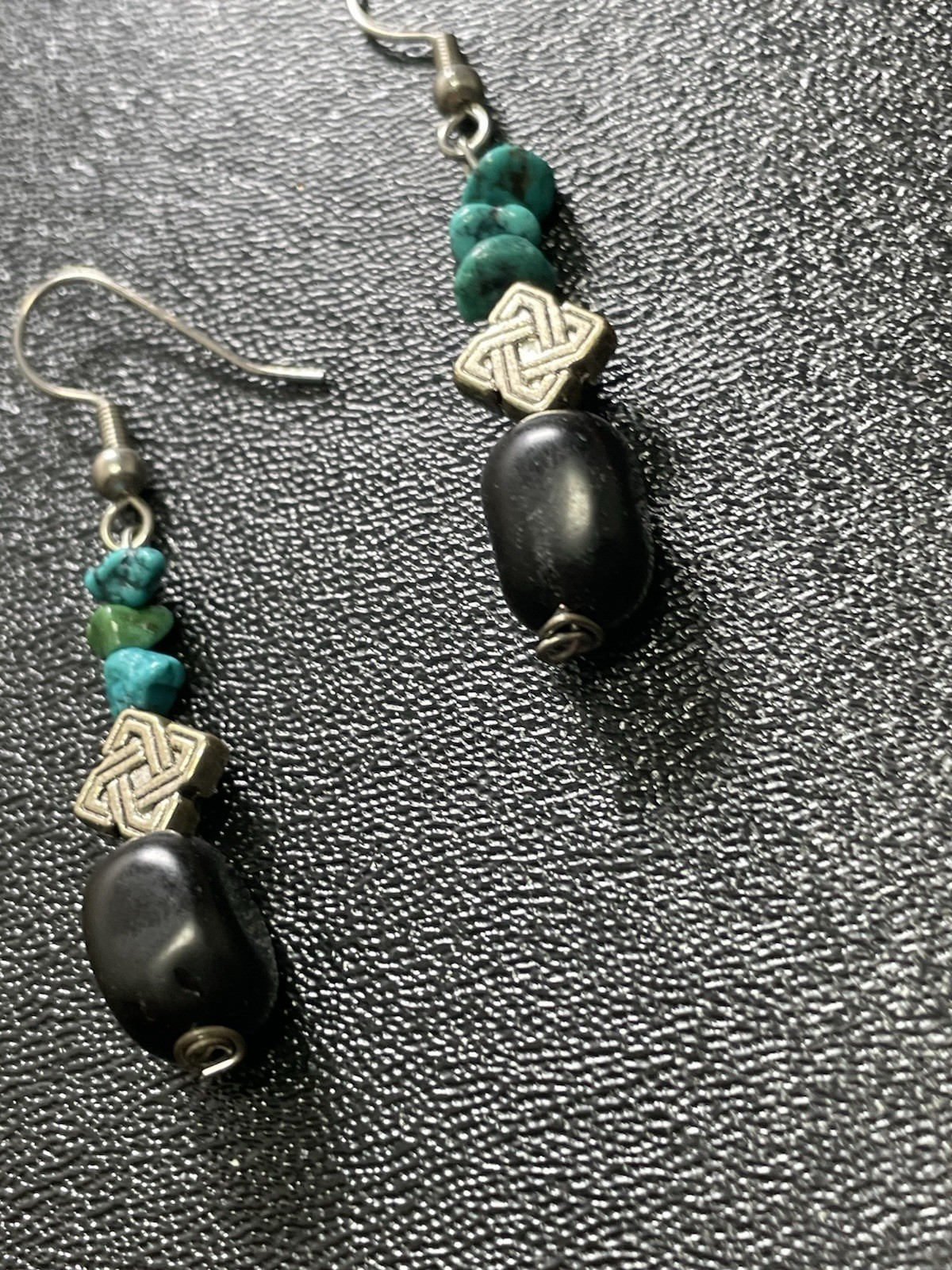 Vintage 2” Turquoise Gemstone Black Beaded Silver Tone Dangle Hook Earrings