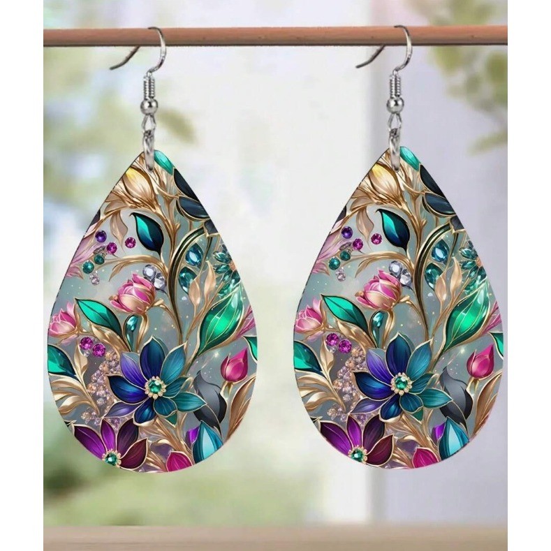 Floral Teardrop Dangle Earrings Multi Color Botanical Silver Tone Hook New