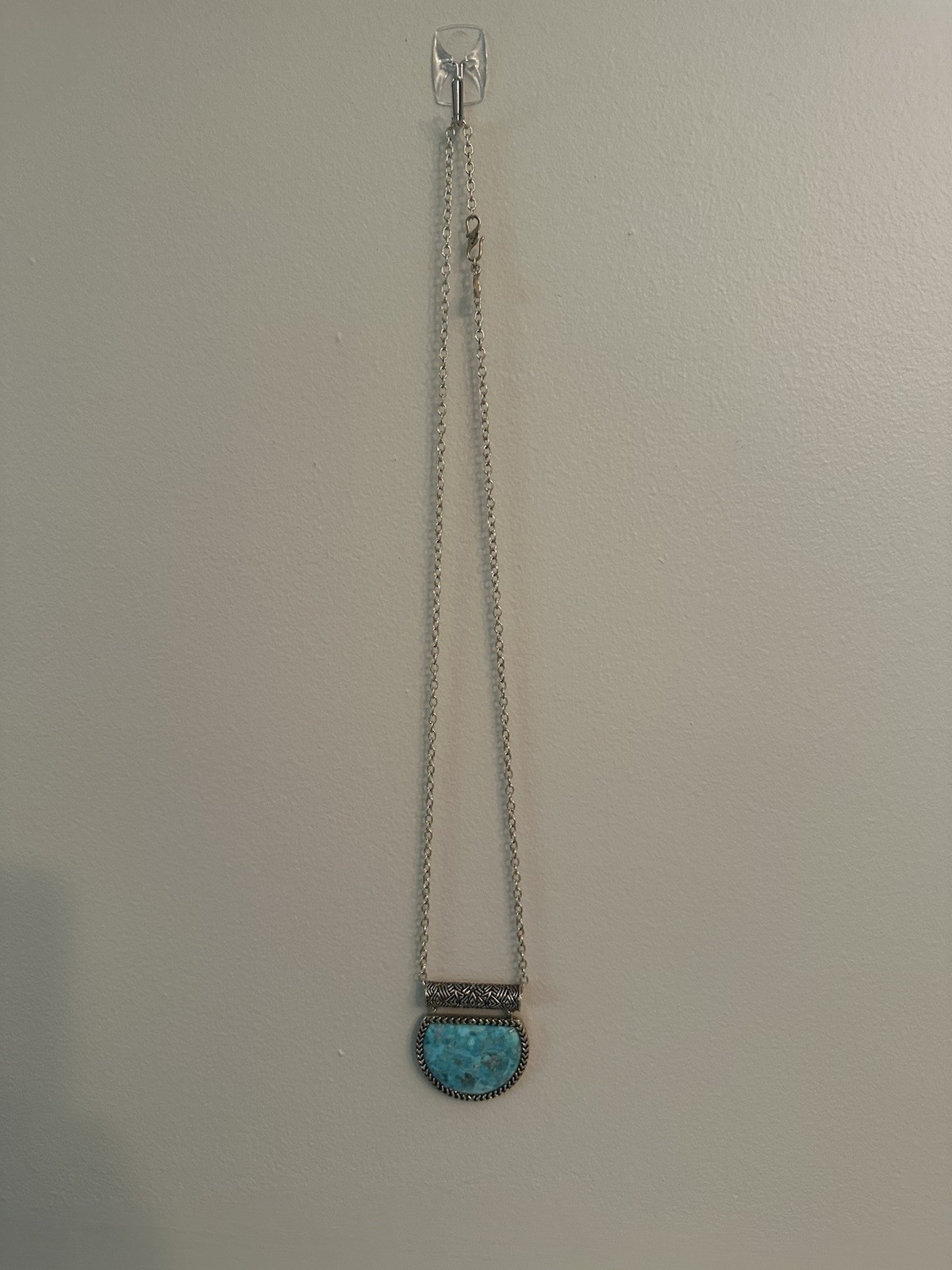 Barse Signed Turquoise Half Moon Pendant Necklace Bezel Silver Tone Thailand