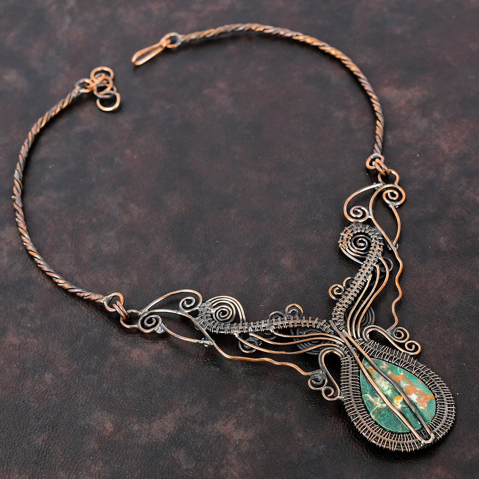 Cuprite Chrysocolla Wire Wrapped Flower Chain Adjustable Necklace Copper 18.0″