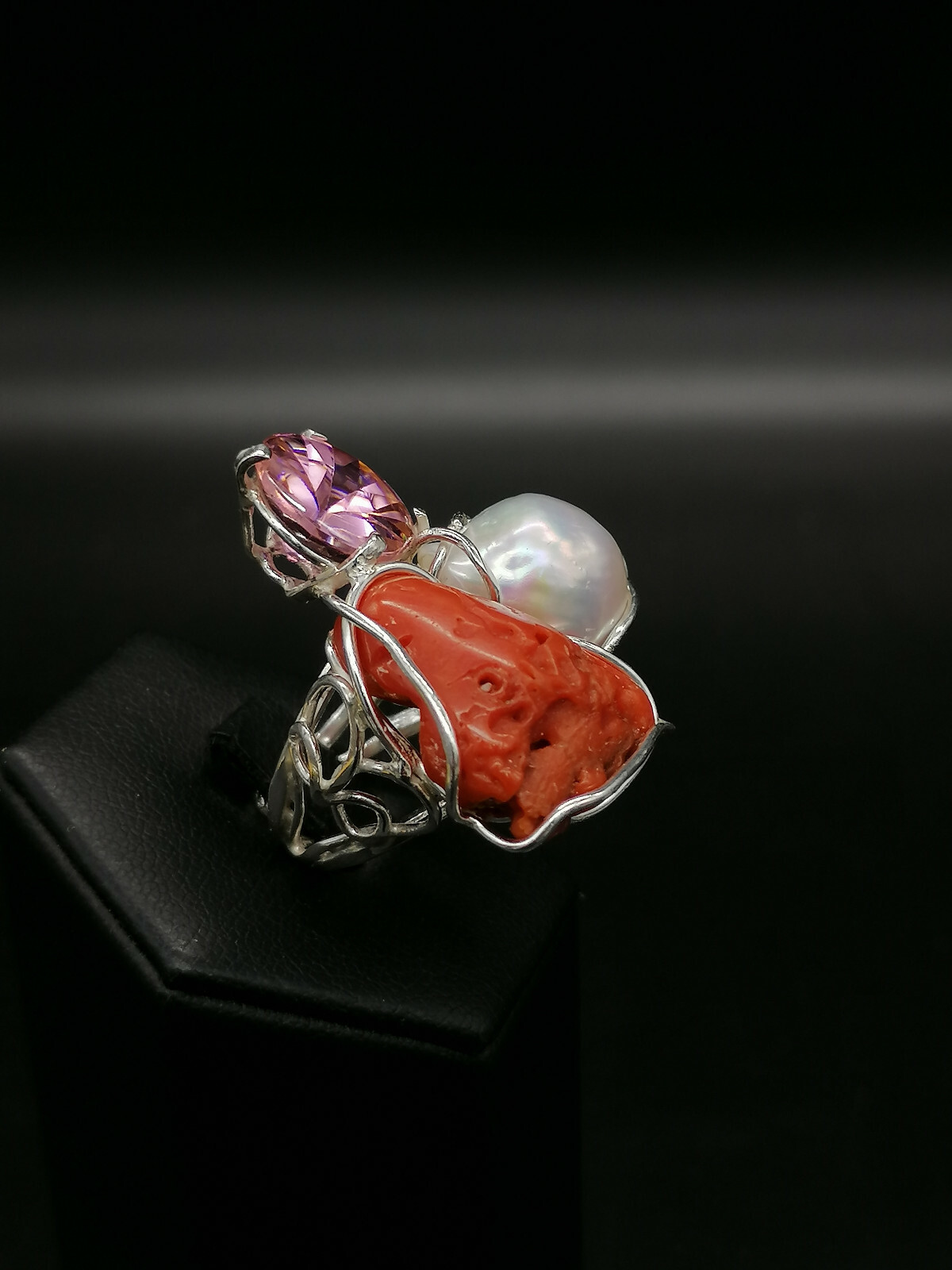 anello donna vero corallo rosso perla bianca swarovski rosa in argento bianco