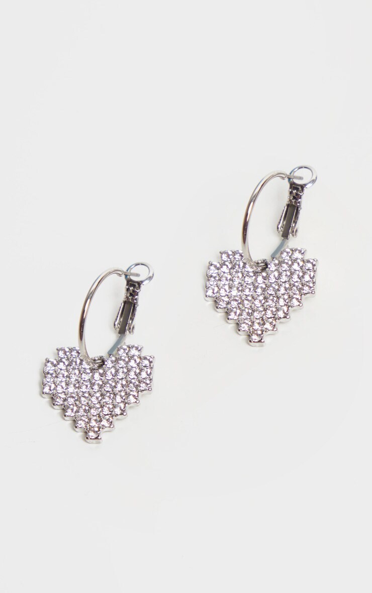 Silver Diamante Heart Small Hoop Earrings