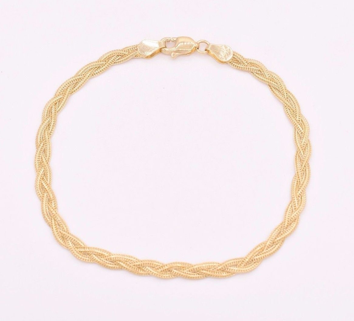 Triple Woven Braided Fox Tail Wheat Bracelet Real Solid 14K Yellow Gold 7″