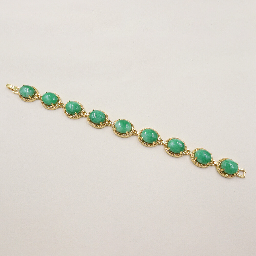 Elegant Heated Green Jade 13MM Oval Bead Gold Plated Alloy Link Bracelet 7.48″L