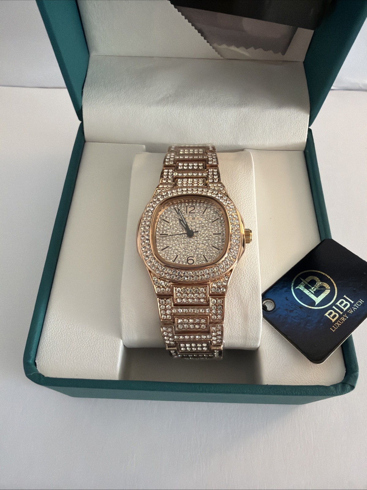 BIBI Luxury Watch Rose Gold Iced Out Cushion Silver Dial Quartz Bracelet Box