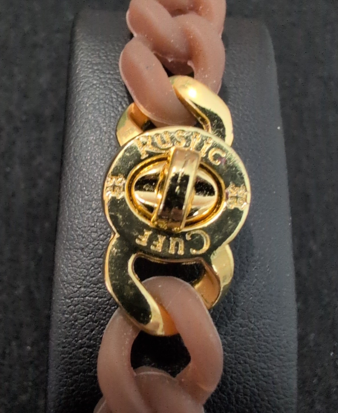 Rustic Cuff Bracelet Gold Logo Turn Lock Clasp Brown Silicone Stretch Mock Chain
