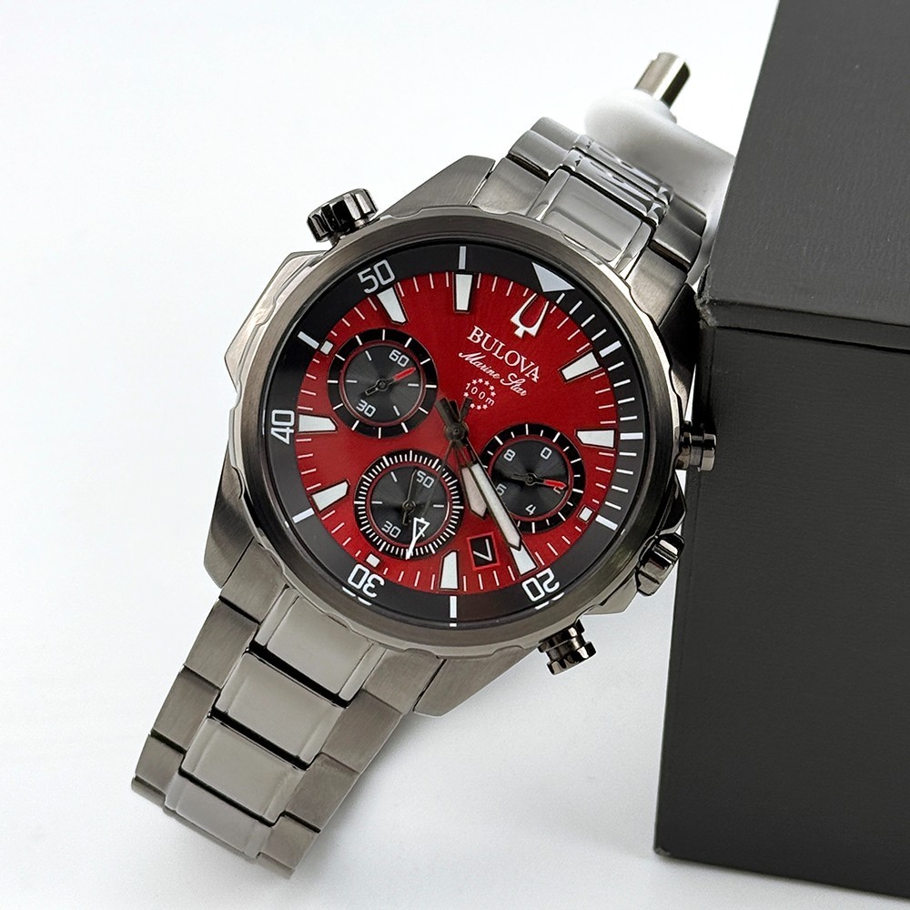 Bulova 98B350 Men’s Marine Star Chronograph Quartz Red Dial Stainless Watch 43mm