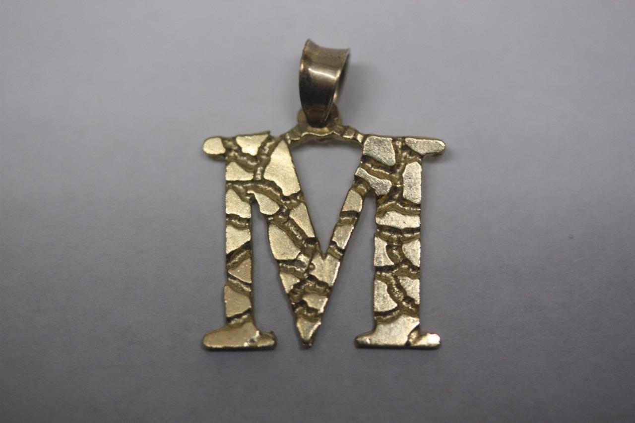 10K Yellow Gold Initial Letter “M” Nugget style Pendant Charm 15mm 1.1 gram