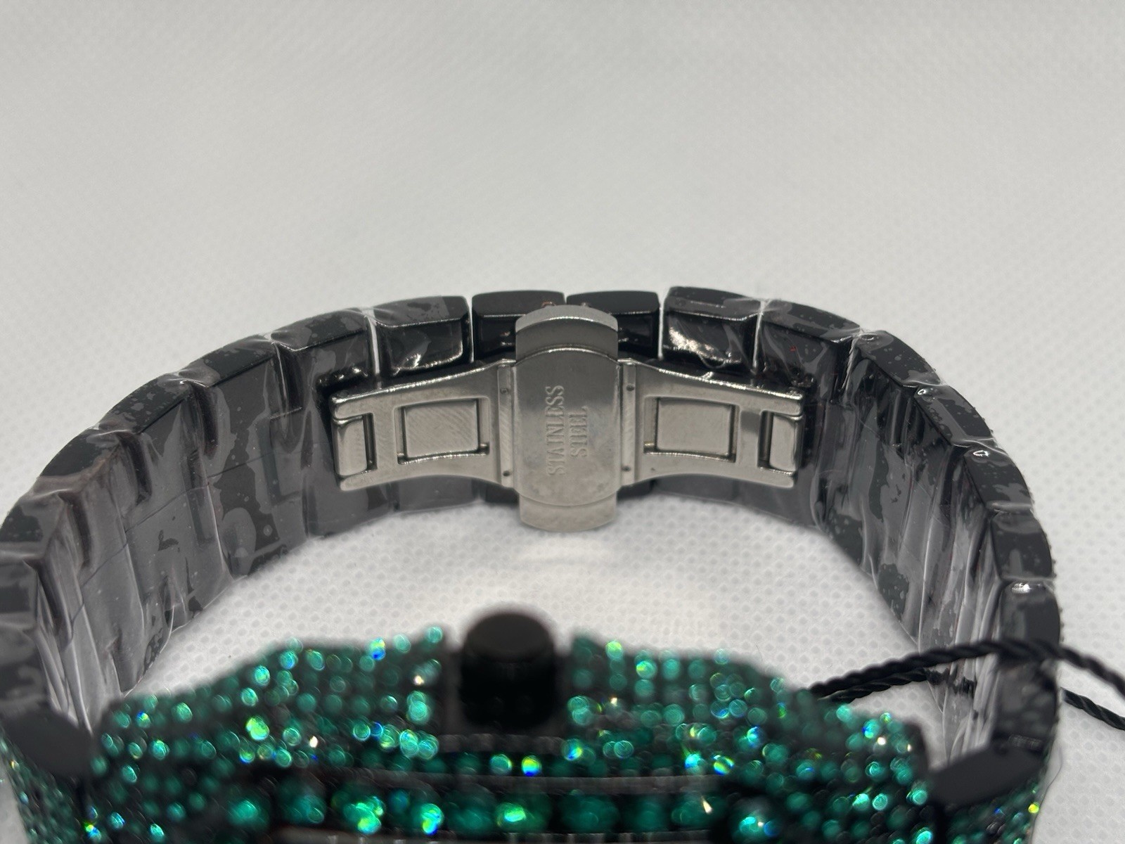 AJ Iced Out Green Crystal Watch Black Stainless Steel Roman Dial New