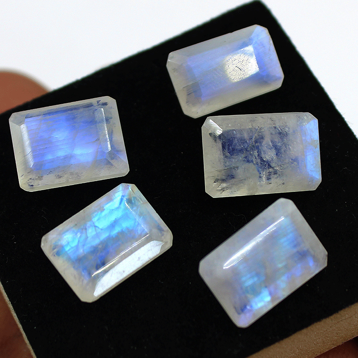 5 Pcs Natural Rainbow Moonstone Top Quality 13-13.7mm Baguette Cut Gemstones Lot