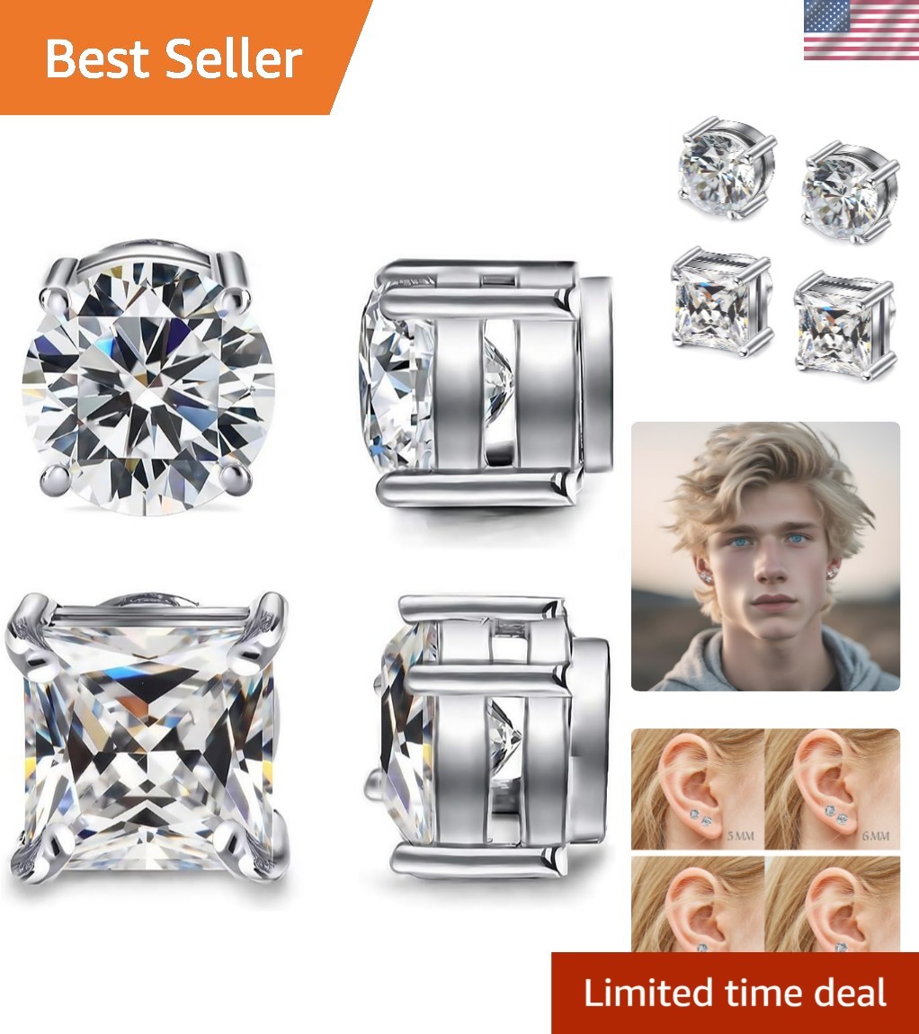 2 Pairs 7mm Magnetic Stud Earrings for Men & Women – Hypoallergenic CZ Clip-ons