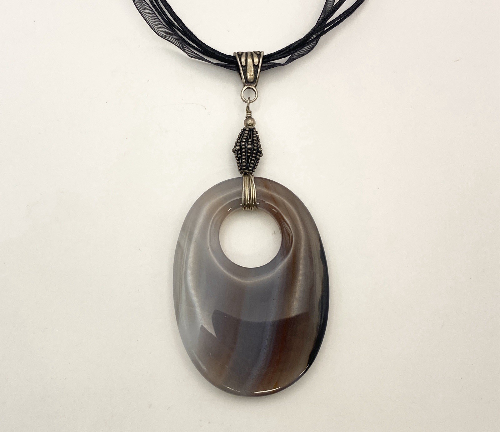 Agate Donut Pendant Necklace Large Oval Striped White Purple Brown Stone