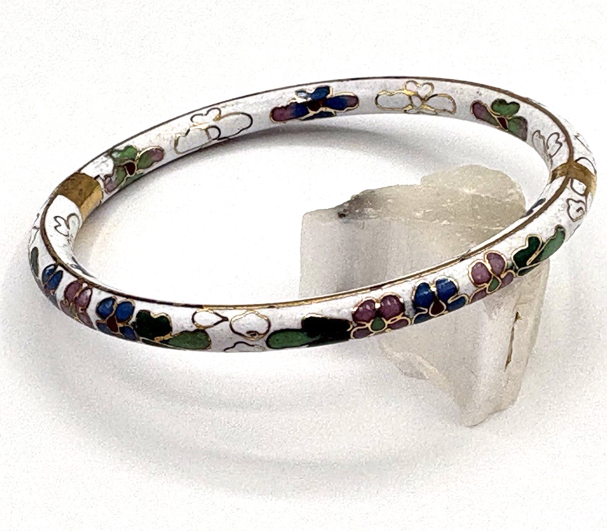Hinged White Cloisonne Bangle Bracelet, Multi-colored Floral Enamel Bracelet