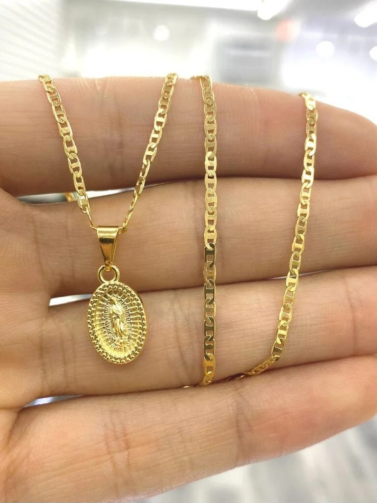 Virgen de Guadalupe Necklace Necklace Gold F Medalla Cadena Baby Women Kids 14×8