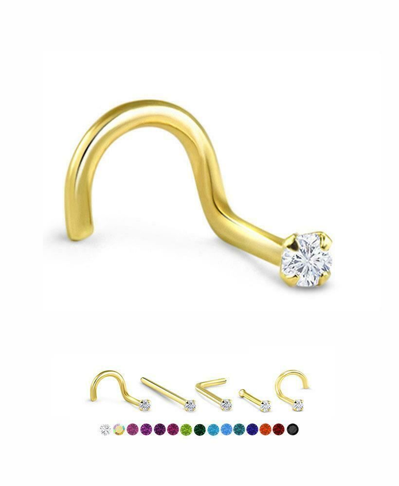 18KT Yellow Gold 925 Sterling Silver Nose Ring Stud 1mm or 1.5mm Prong CZ 22G