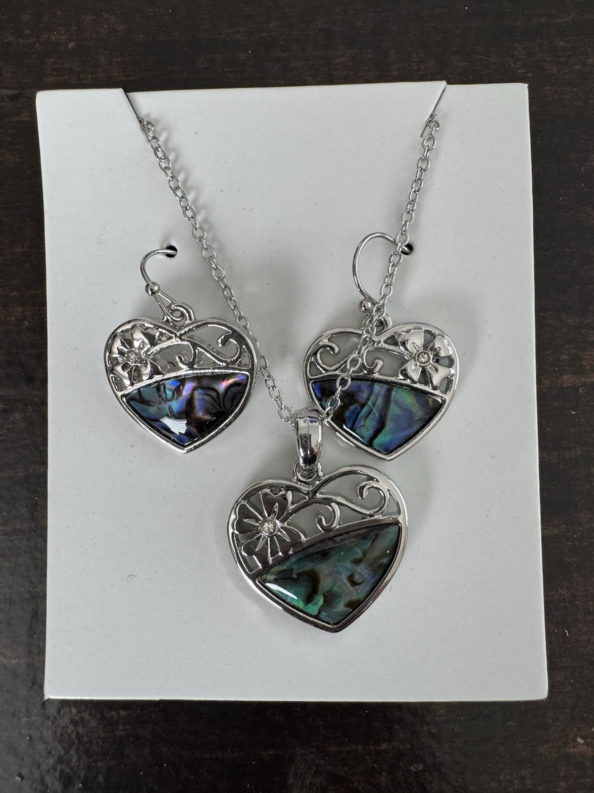 Abalone shell heart earrings and necklace set