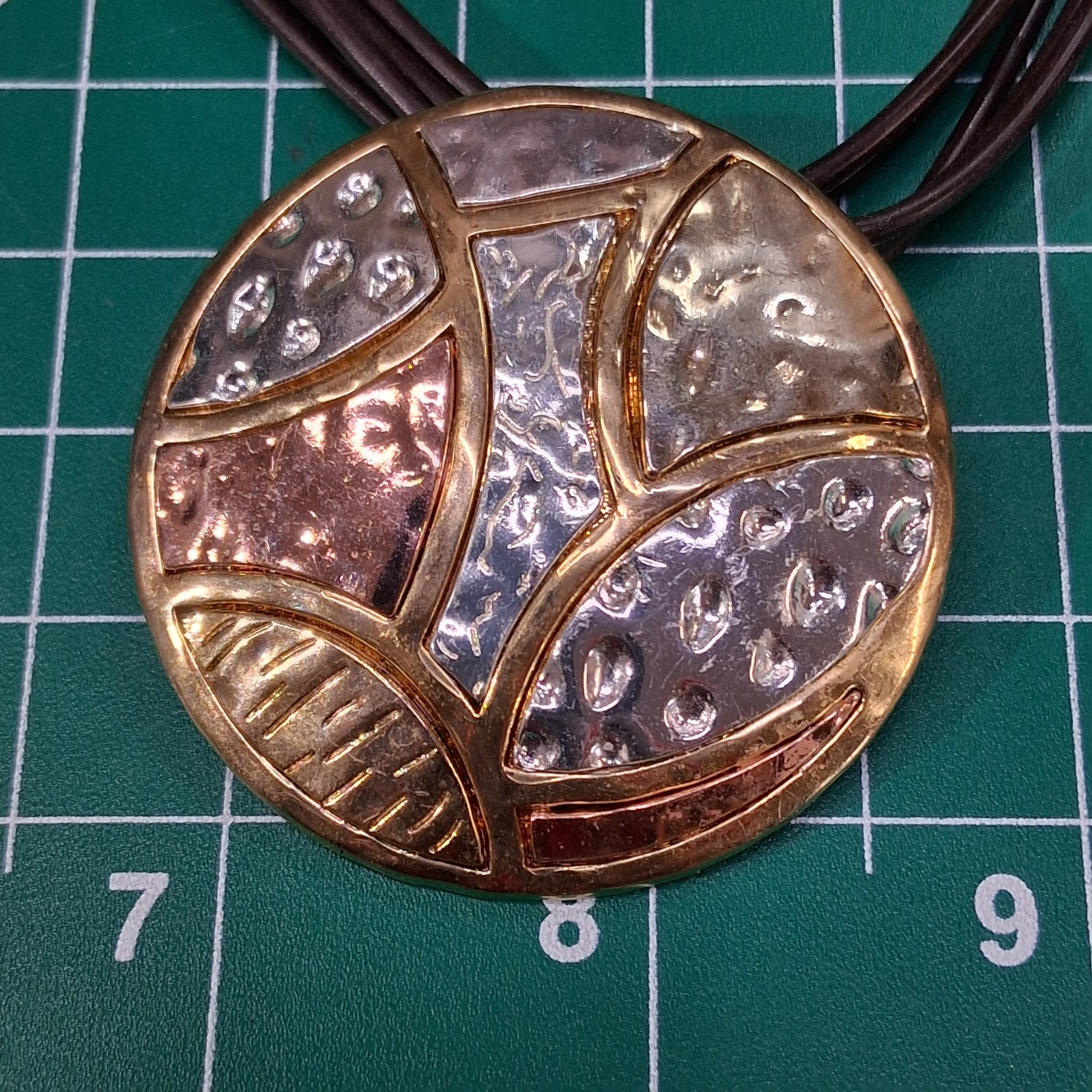 Vintage Stainless, Copper & Brass Round Shield Medallion Brown Cord 16” Necklace