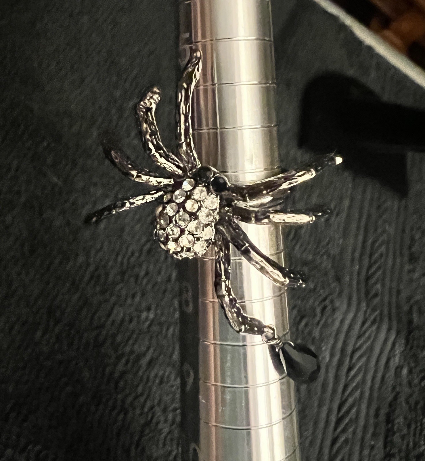 Vintage Betsey Johnson Spider Ring Clear & Black Crystals Dangly Black Bead