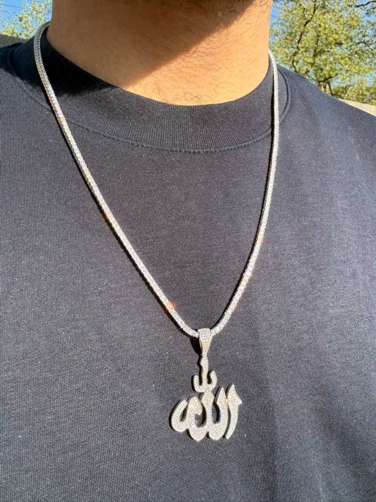Men’s Allah Pendant Islamic Necklace 1CT CZ 925 Sterling Silver Muslim