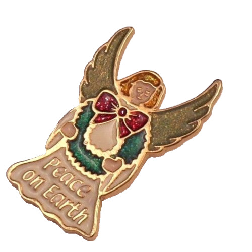 BEAUTIFUL CATHEDRAL ART PEACE ON EARTH EPOXY PIN ANGEL GLITTER WINGS NEW ON CARD