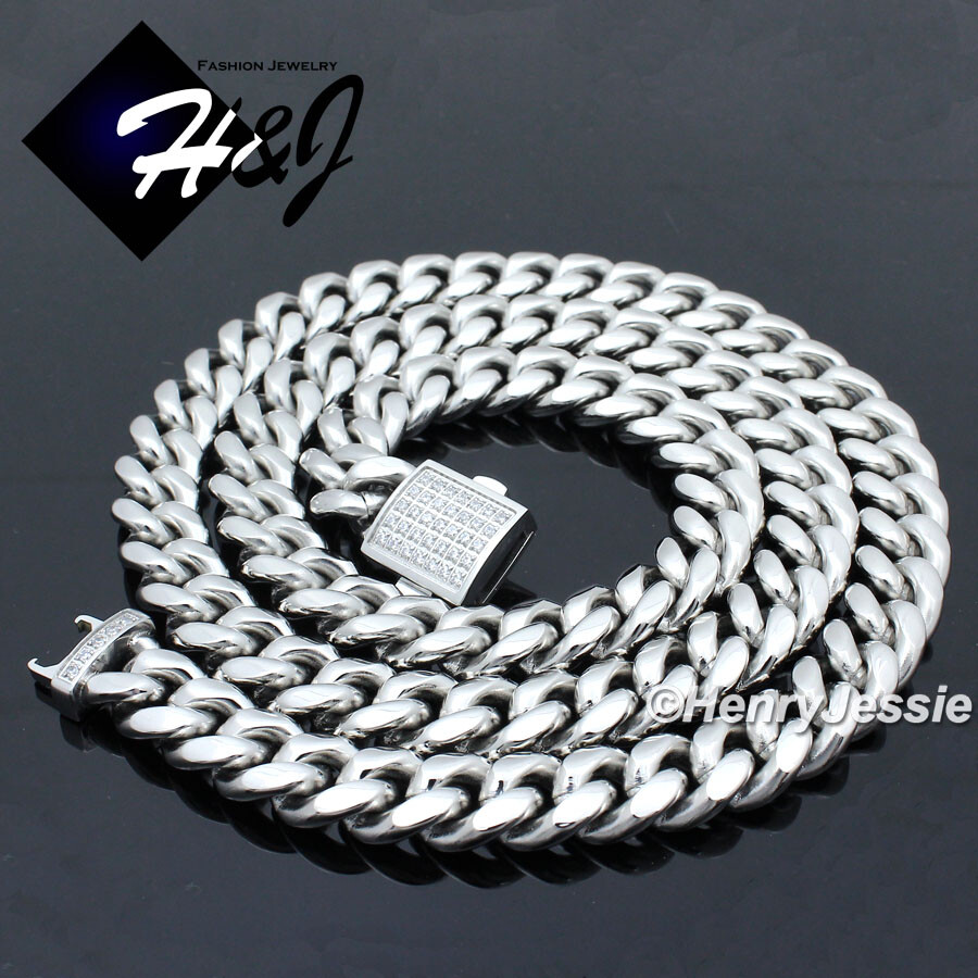 18″-40″Stainless Steel 7/10/12mm Silver/Gold Plated CZ Cuban Curb Necklace*N165