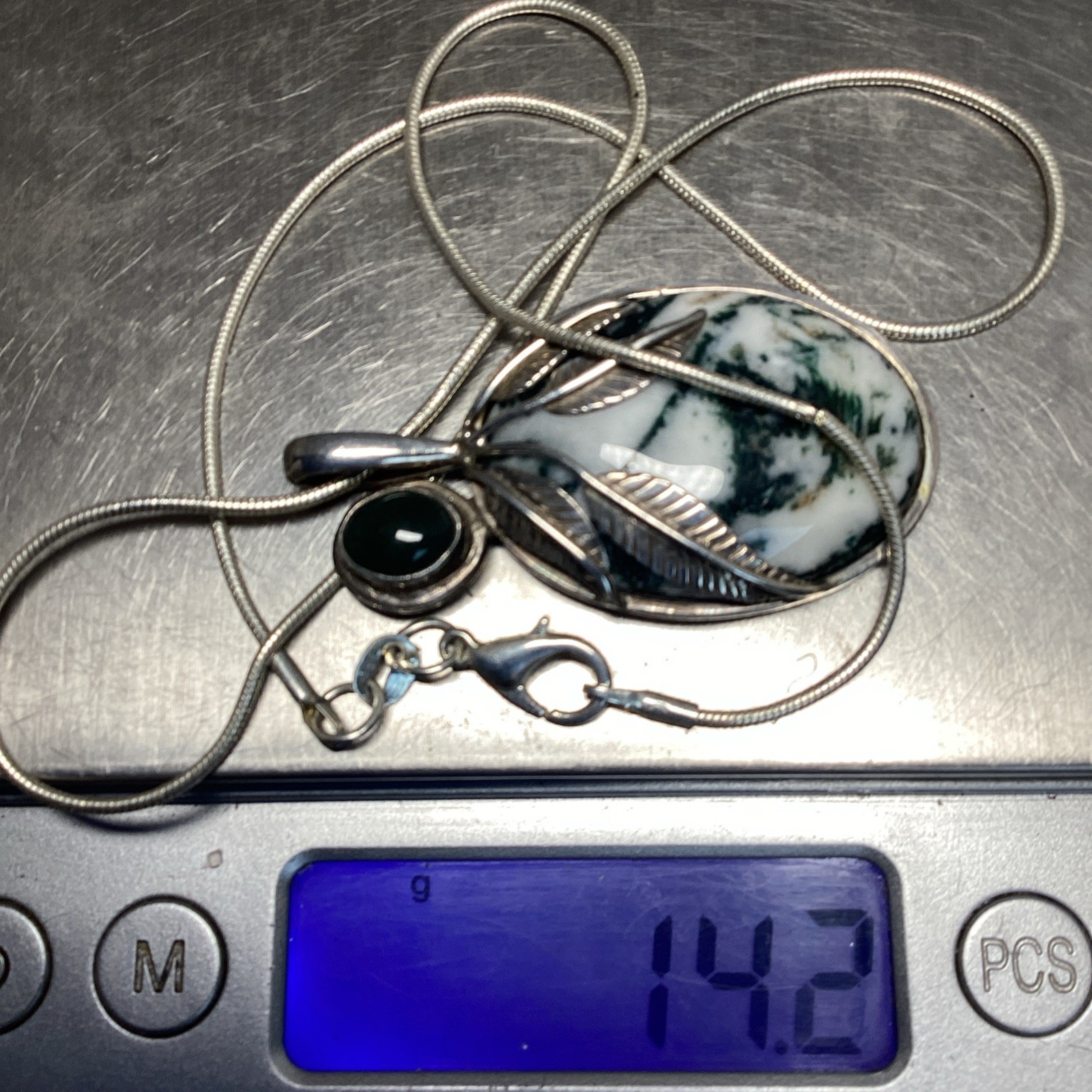 Sajen Pendant Sterling Silver Tree Agate & Jade On Snake Chain