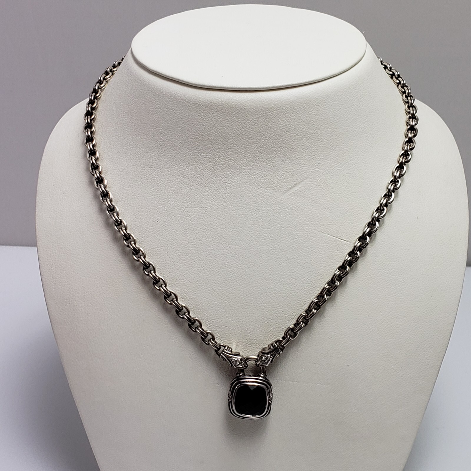 Scott Kay Sterling Silver Cushion Cut Black Onyx Diamond Necklace 16″