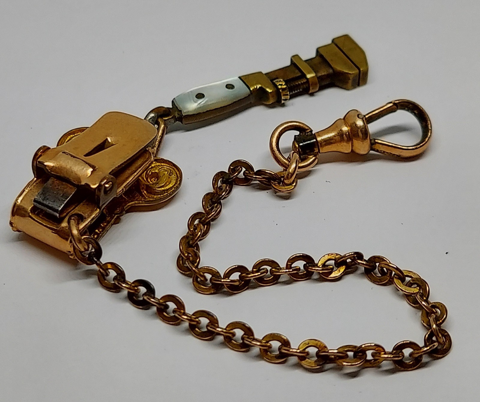 VTG Antique Miniature monkey Wrench works watch Fob charm Gold Filled Chain Clip