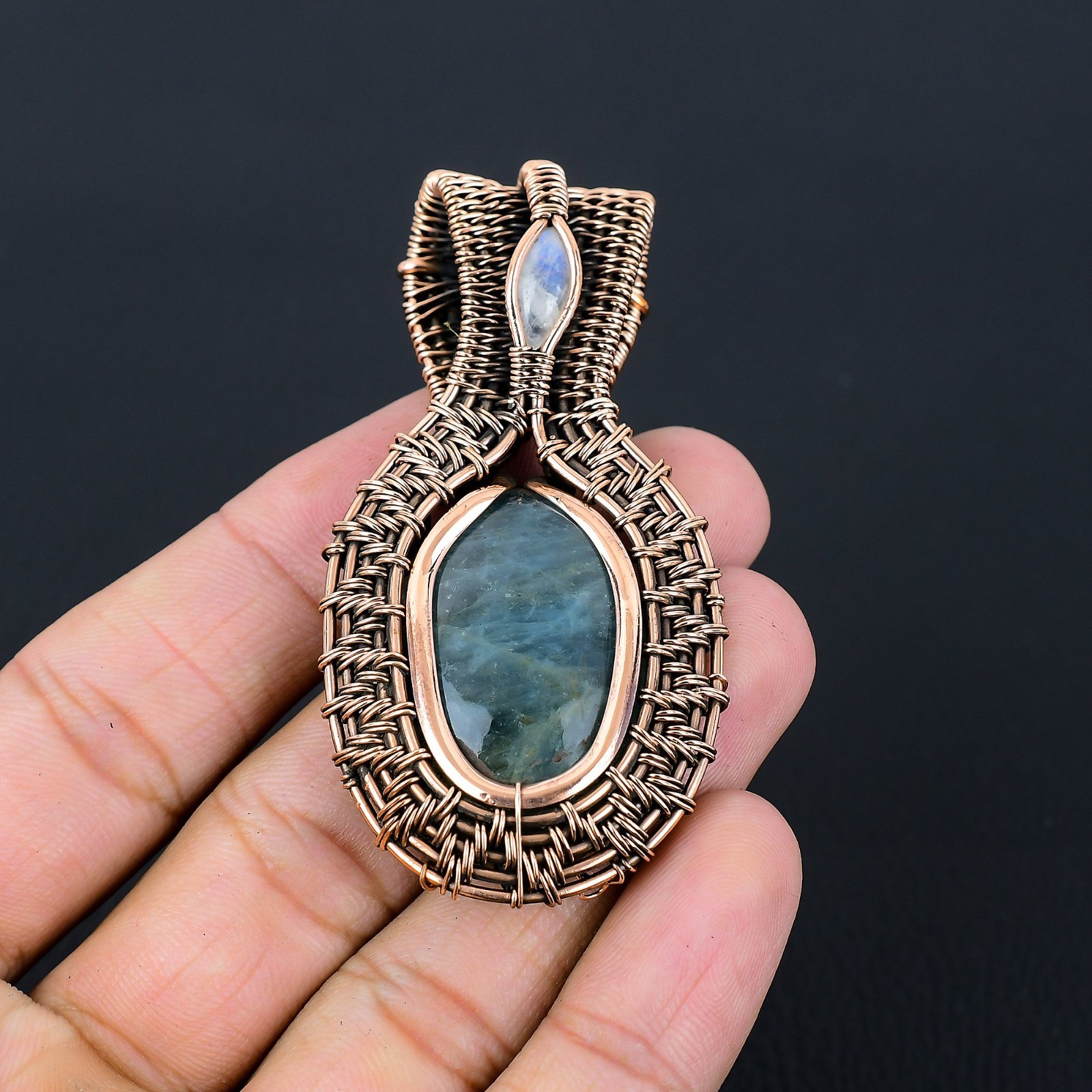 Neon Blue Apatite Handmade Gemstones Copper Wire Wrapped Moonstone Pendant