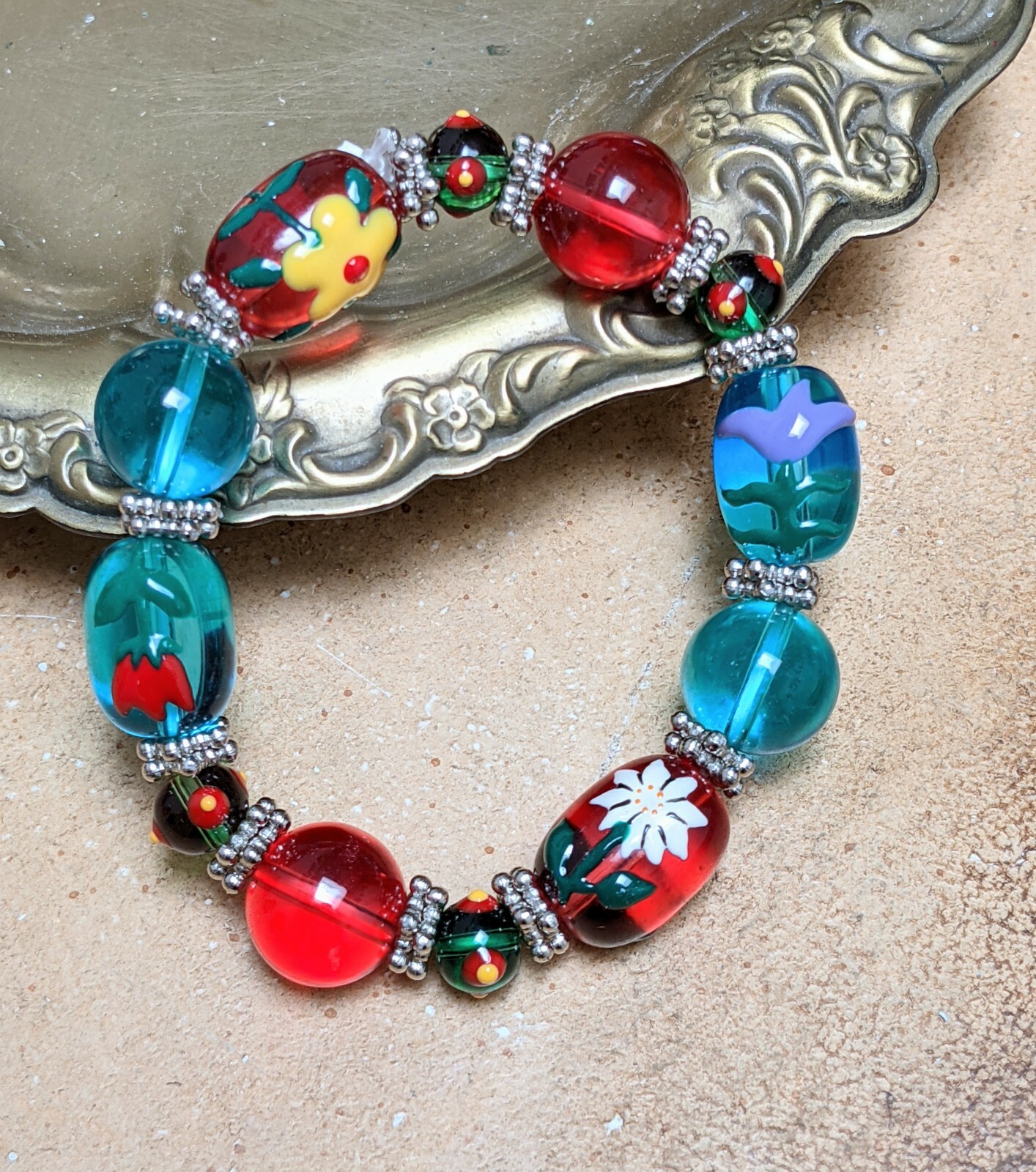 Multi Flower Bracelet Spring Floral Colorful Bracelet for Women Beaded Stretch