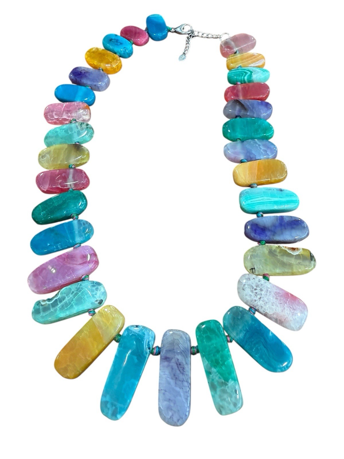 LUC CN 925 Sterling Agate Stone Necklace 19.5” Bright Multicolor Colorful Pop
