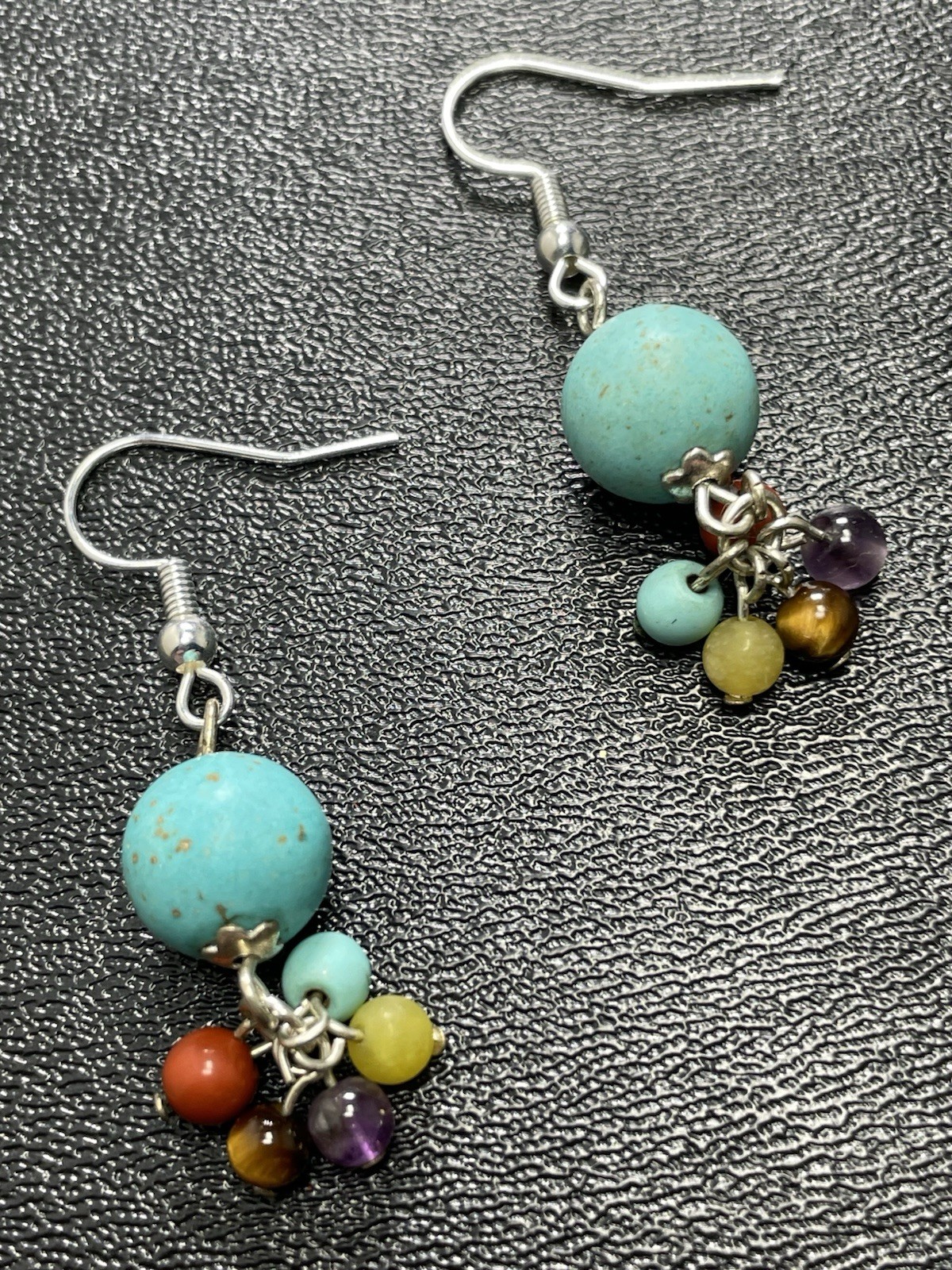 Vintage 1.6” Turquoise & Colorful Gemstone Charm Beaded Dangle Earrings