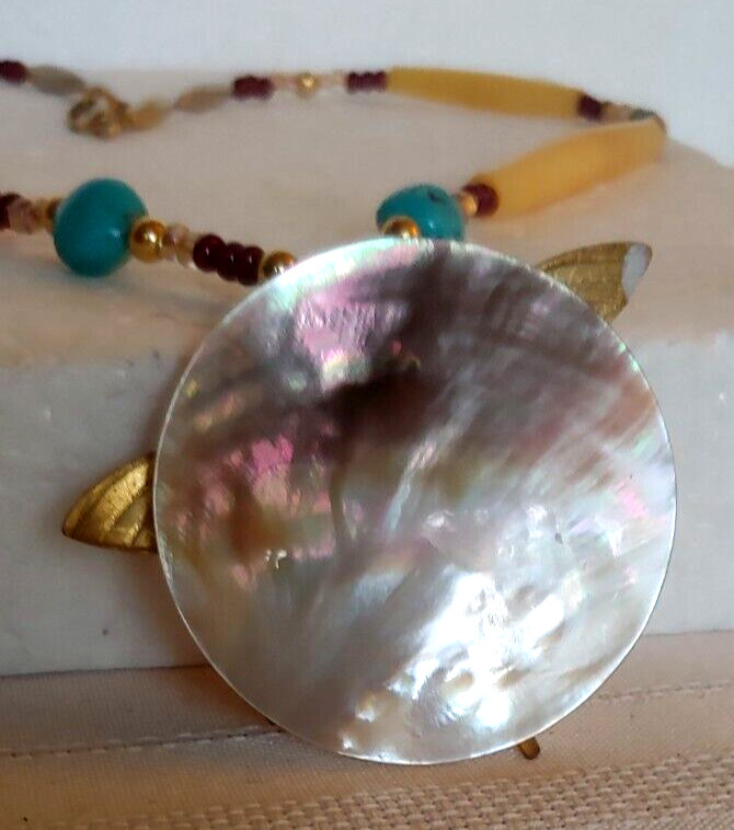 Dragonfly Necklace / Abalone-Brass-Turquoise-Simulated Bone 20”