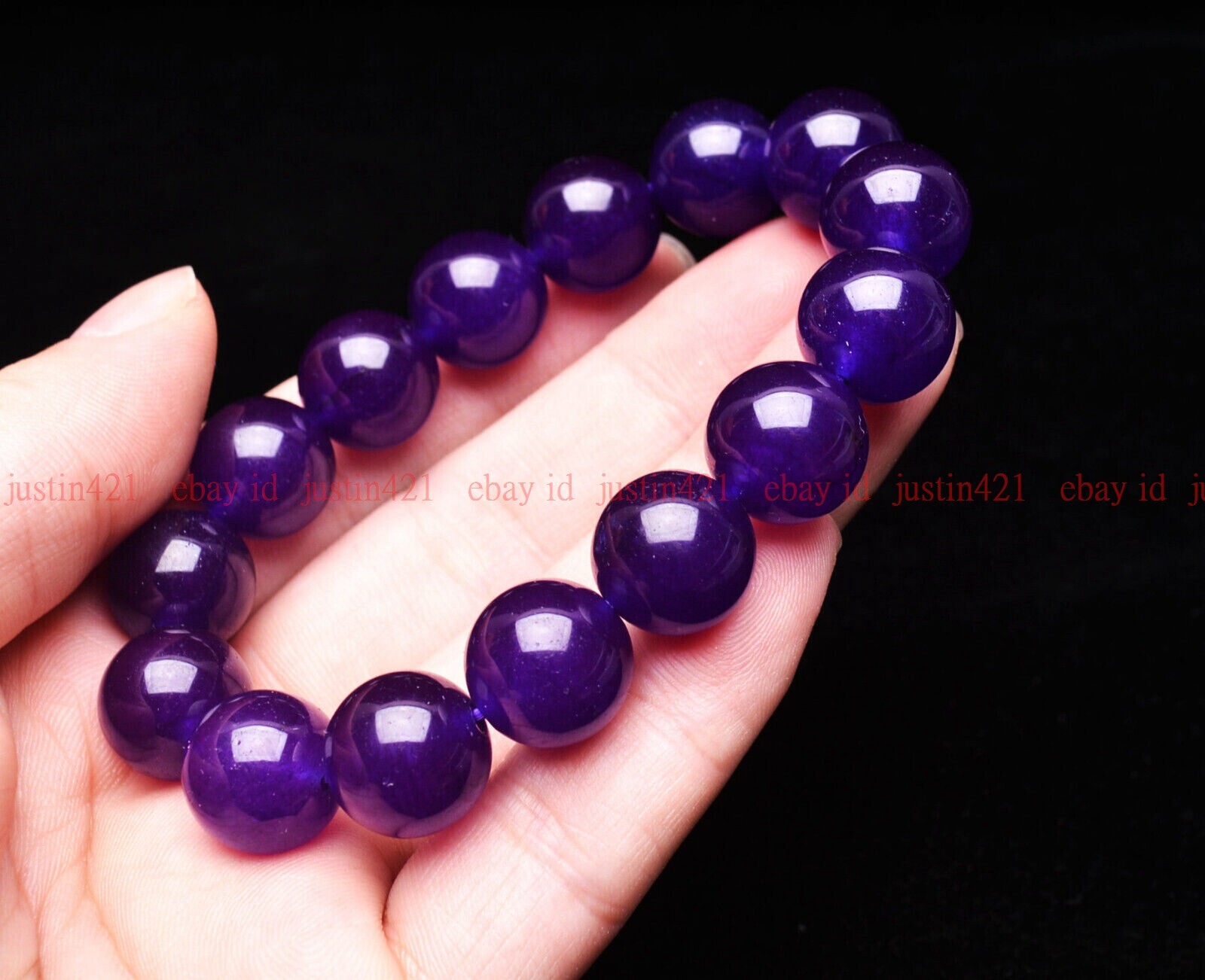 Natural 14mm Purple Jade Round Gemstone Beads Elastic Bracelet 7-9″ AAA+