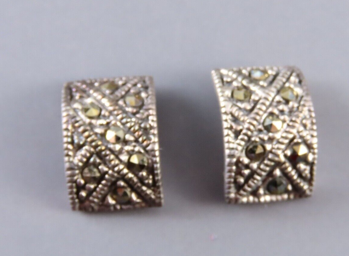 VTG STERLING SILVER Curved Rectangle Earrings MARCASITE PAVE SPARKLE Gothic