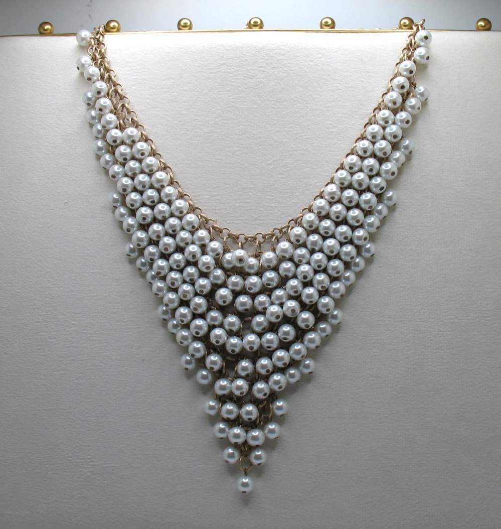 Vintage RJ Graziano statement bib necklace Goldtone chainmail and faux pearls