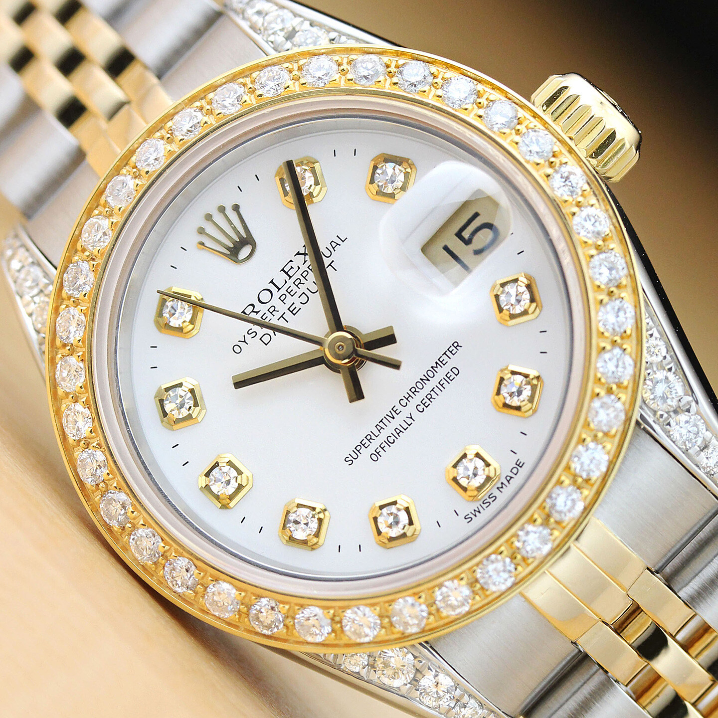 LADIES ROLEX DATEJUST 2-TONE QUICKSET DIAMOND DIAL, BEZEL, & LUGS WATCH