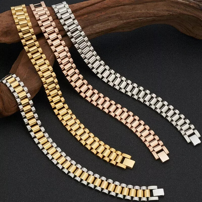 15MM Wide 8/8.86‘’ Watch Chain Wristband Bracelet Gold Plated Stainless Steel