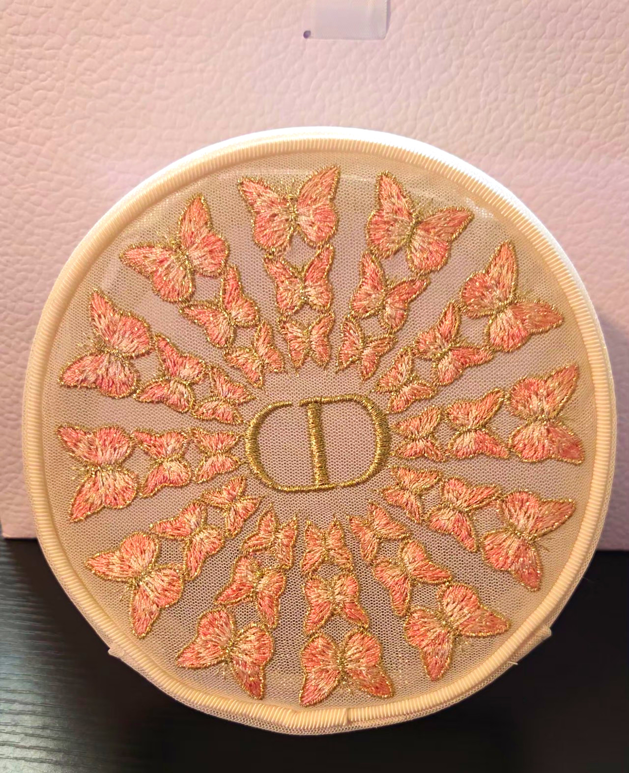 Dior Round Butterfly Embroidered Jewelry Pouch White Pink Gold Zip Lined