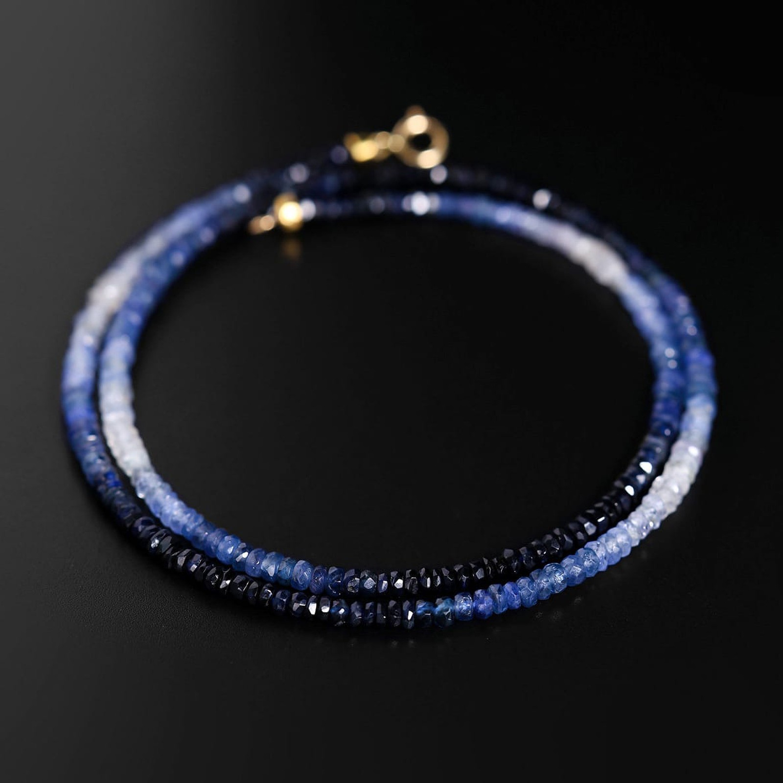 18K Gold Ombre Sapphire Choker, Gradient Blue Beaded Necklace, Gift for Her