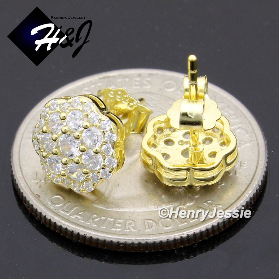 925 STERLING SILVER 8MM ICY CZ GOLD PLATED 3D FLORAL CLUSTER STUD EARRING*GE282